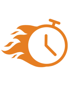Icône d'un chronomètre orange en feu sur fond noir, symbolisant la rapidité ou un temps limité.
