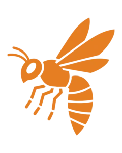 Illustration stylisée d'une guêpe orange sur fond noir. Détails des ailes, des pattes et des rayures sur l'abdomen.