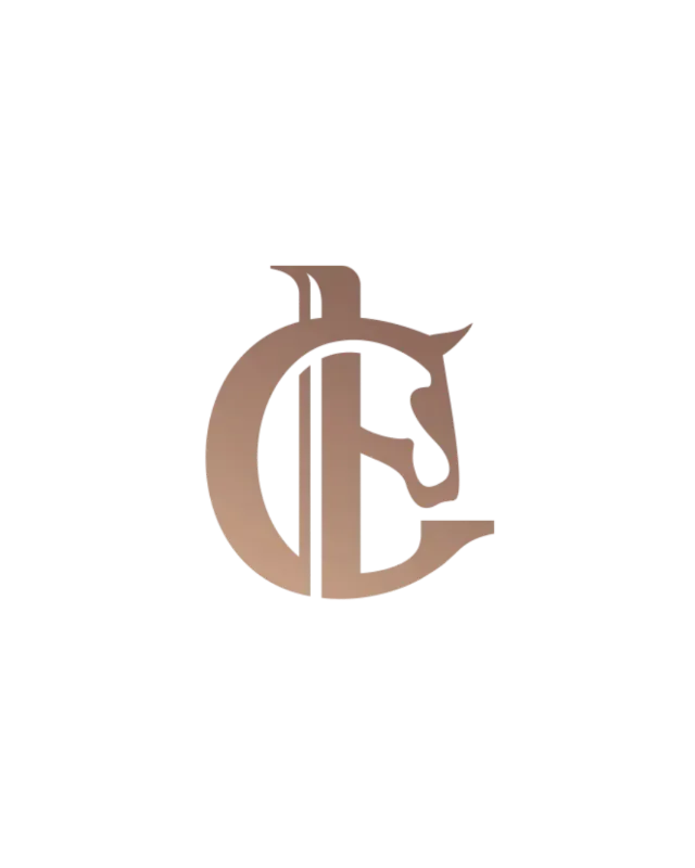 Logo stylisé d'une tête de cheval intégrée dans une lettre dorée sur fond noir.