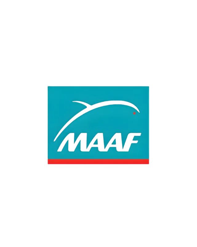 Logo de MAAF avec un faucon stylisé et le nom de la marque en noir sur fond bleu turquoise, souligné d'un trait rouge.